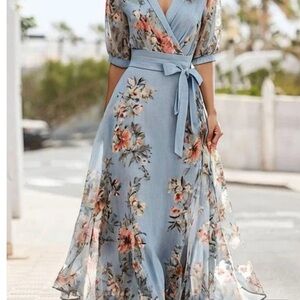 Blue Midi Wrap Dress with Bishop Sleeves for Wedding Guest
